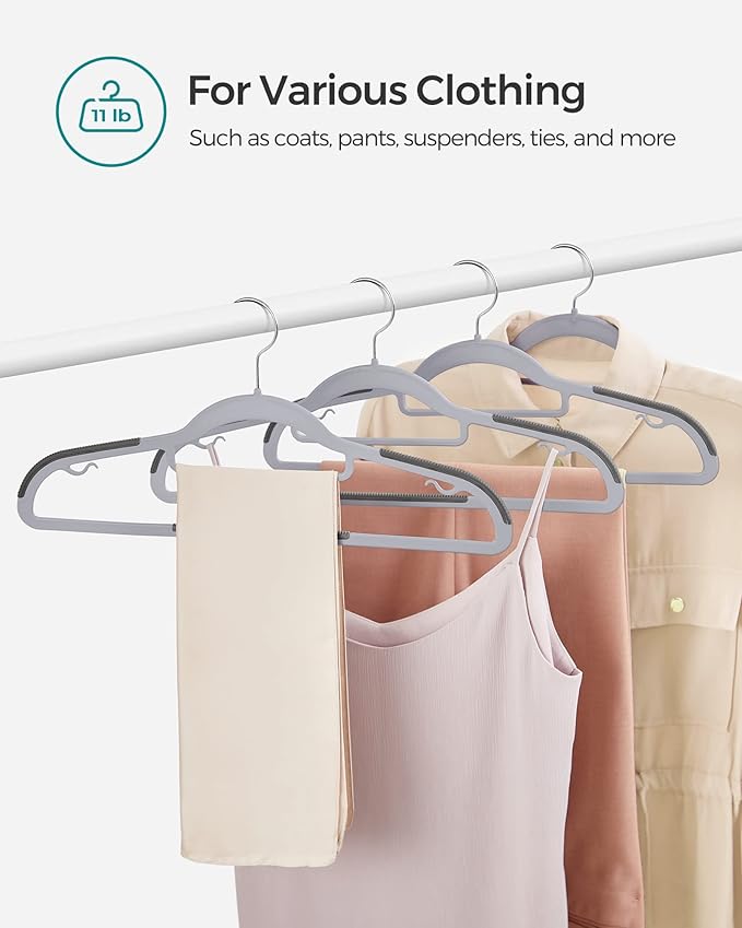 SONGMICS Pack of 100 Coat Hangers, Space-Saving Plastic Clothes Hangers, Non-Slip, 0.2 Inches Slim, 16.5 Inches Wide, 360° Swivel Silver Hook, Light and Dark Gray UCRP020G010