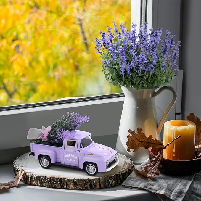 Lavender Home Decor Metal Truck with Faux Lavender Vintage Truck Mini Vehicle Decoration for Farmhouse Desktop Tray Decor Kitchen Supplies