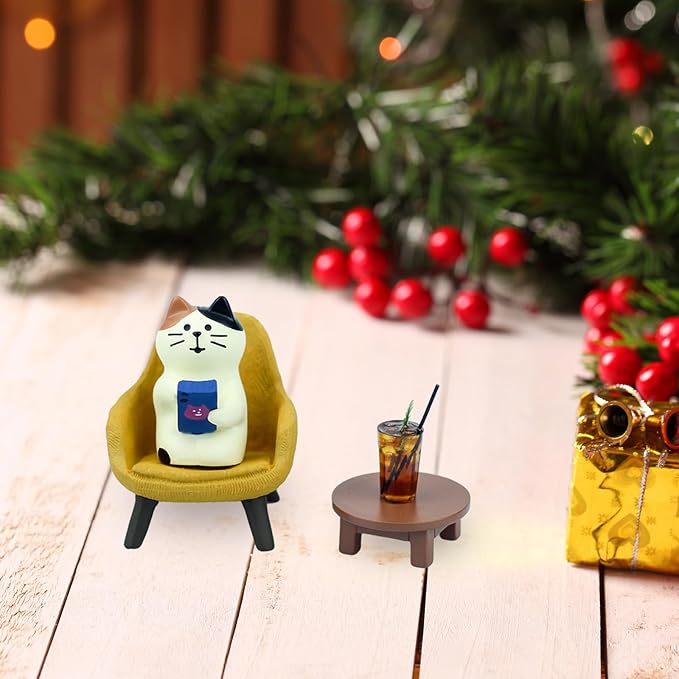Mevodeata Cute Cat Playing Phone on Sofa and Drinking Coffee Figurine for Office Home Decor - Cute Cat Gift for Cat Lovers