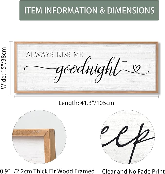 Always Kiss Me Goodnight Wall Sign Above Bed 41.3''×15'' Large Farmhouse Wall Decor for Bedroom Couples Room Decor Framed Wood Wall Art Rustic Master Bedroom Wall Decoration (brown frame)
