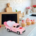 Valentine's Day Mini Metal Farm Truck with Pink and White Hearts Vintage Metal Pickup Romantic Love Model Truck Farmhouse Tiered Tray Decor for Shelf Kitchen Table Home Decor
