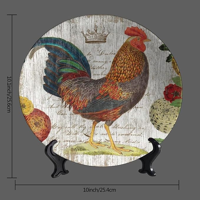 Rooster Decorative Plates, 10 Inch, Crown Chicken In Flowers Round Display Plate, Hanging Decorative Plate with Display Stand, for Home Kitchen Bedroom Decorative Ornaments
