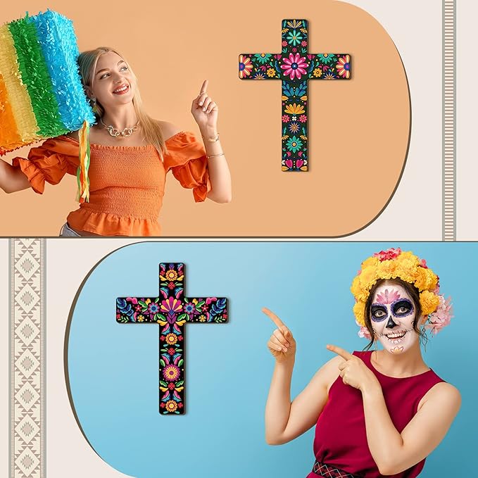 Pinkunn 2 Pcs Mexican Floral Cross Wall Decor Mexican Wall Art Hand Painted Decorative Inspirational Wooden Floral Cross Spanish Crucifix Decor for Home Room Church Decoration
