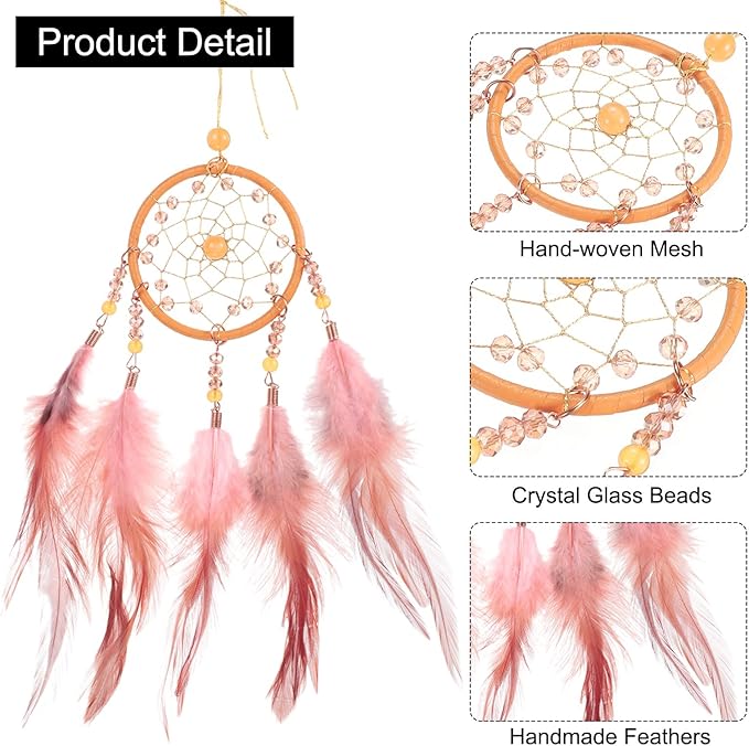 uxcell 2pcs Dream Catchers, Small Handmade Feather Dreamcatcher Supplies Car Charm with Crystal Beads Wall Hanging Decor for Home Car Decoration Ornament Women Friend Gift, Brown