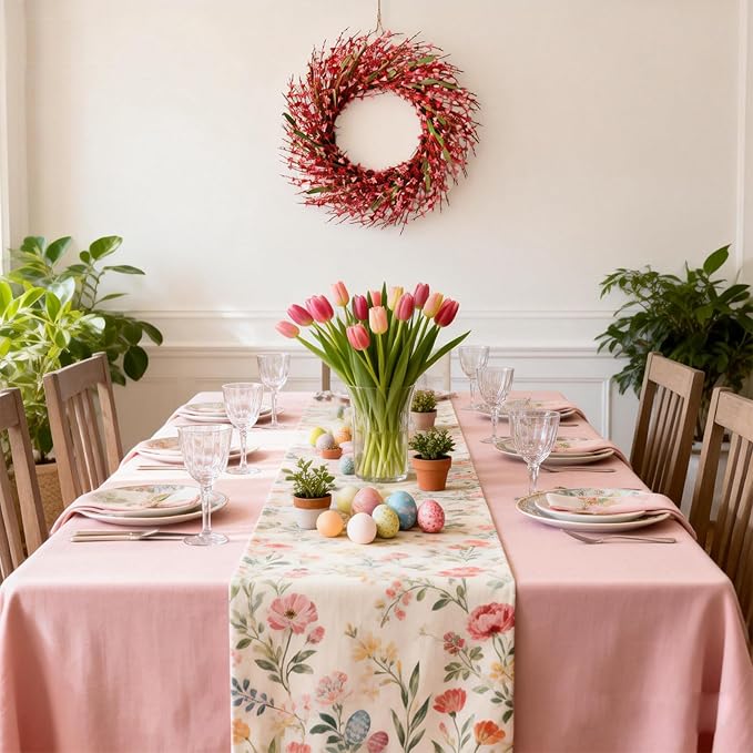 26 Inch Spring Wreaths for Front Door, Large Artificial Forsythia Flowers Wreath, Spring Summer Floral Wreath All Season for Home, Wall, Window, Porch, Wedding, Farmhouse Decor (Pink)