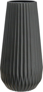 Bloomingville Round Stoneware Fluted Vase with Embossed Lines, Matte Black