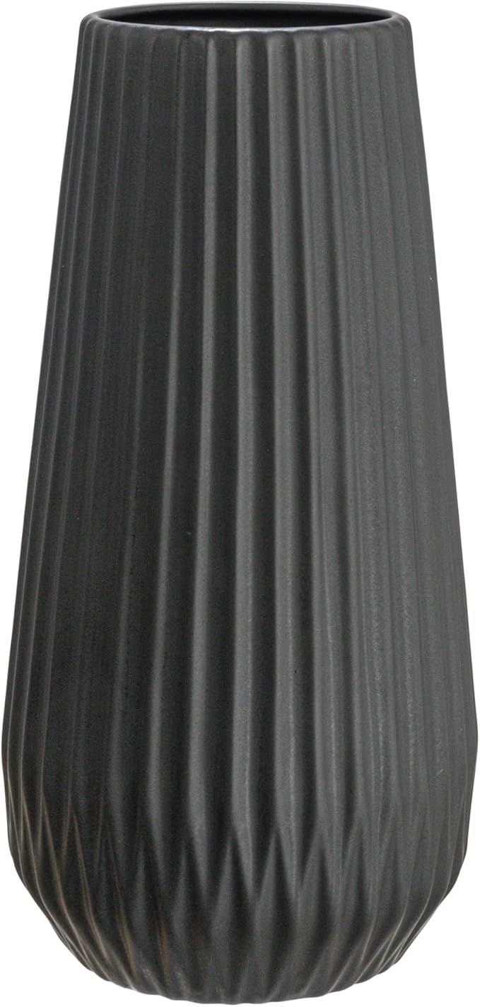 Bloomingville Round Stoneware Fluted Vase with Embossed Lines, Matte Black