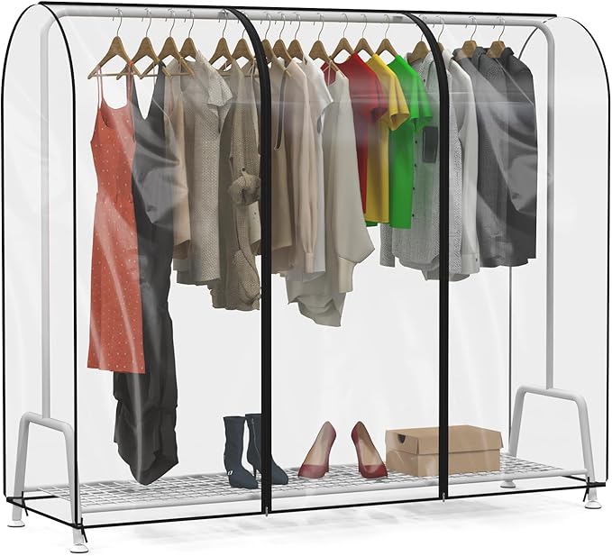 Zilink Clear Garment Rack Cover 6Ft Transparent Clothes Rack Cover Waterproof Clothing Rack Cover with 2 Durable Zippers for Garment Rack (72"L x 20"W x 60"H, Rack Not Included)
