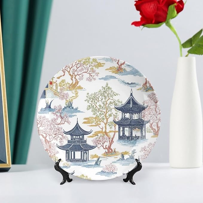 Chinoiserie Pagoda White Coral Blue Asian Fashion Plates of 6", 7", 9", 10", Customize Hand-Painted Ceramic Decorative Plates, Table Housewarming Gifts Decorations Display, Unique Art with Stand