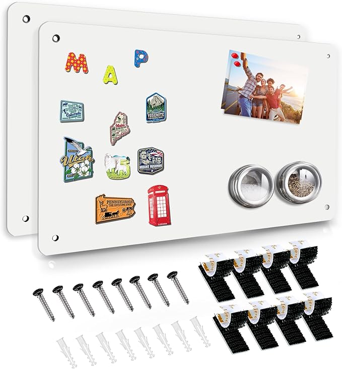 White 2Pack Magnetic Board,17.5" x 11.4" Magnet Bulletin Board to Display Magnetic Notes, Poetry, Photos, Suitable for Wall, Refrigerator, Cabinet etc, Come with 4 Pcs Dual Lock Tape and Screws