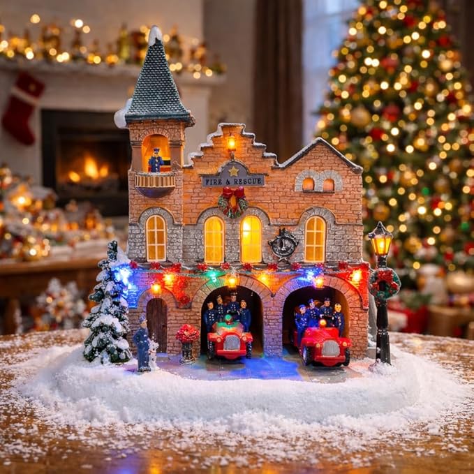 MOMENTS IN TIME Lighted Fire Station Christmas Village 12” Animated Building with LED Lights, 8 Classic Songs & Moving Fire Trucks Power Adapter Included Gift Ready Décor Holiday Display Piece