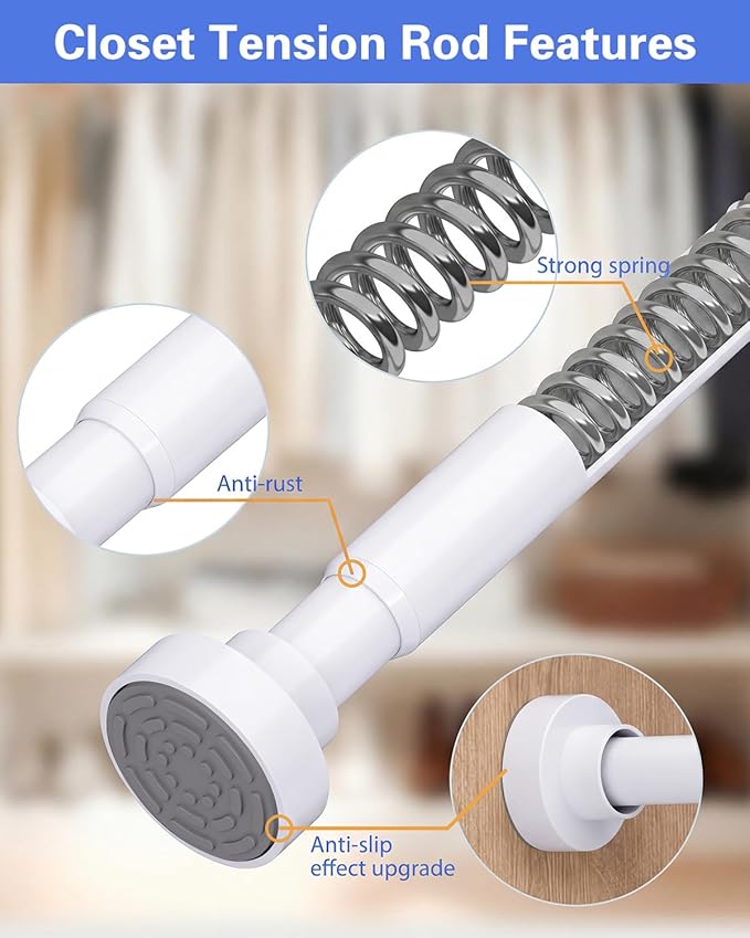 No Drilling Closet Rods for Hanging Clothes, Non Slip Tension Rod with Heavy Duty Clothes Hanging Rod, 17-54 Inches Adjustable Spring Closet Rod for Closet Wardrobe Bathroom Laundry RV, White
