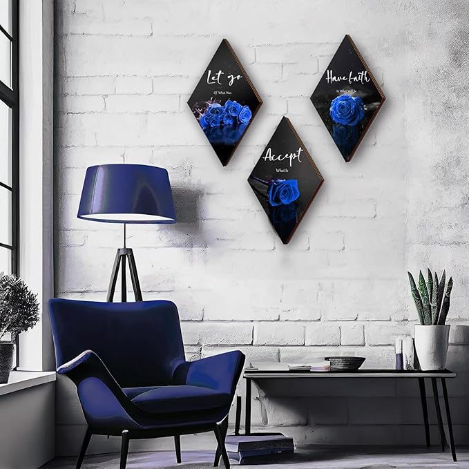 ZINYAZHE 3 Pcs Blue Bathroom Decor Rose Bedroom Wall Decor Farmhouse Inspirational Wood Office Wall Art with Accept Let Go Have Faith Sign for Girl Women Living Room(Blue Rose 12 x 7 Inch)
