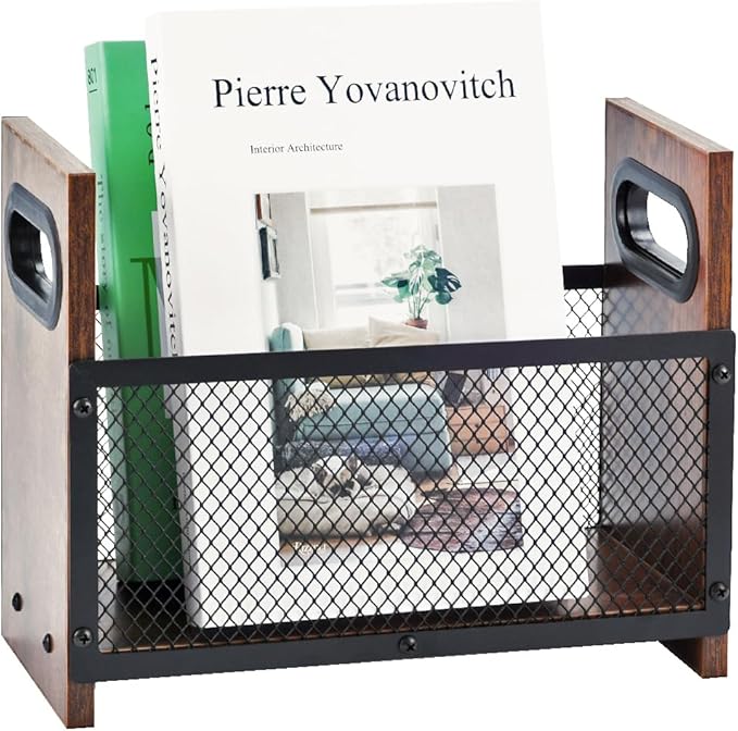 Magazine Holder, Desktop Magazine Rack File Holder Organizer Rustic Storage Basket for Magazines, Books, Newspapers, Tablets (Small)
