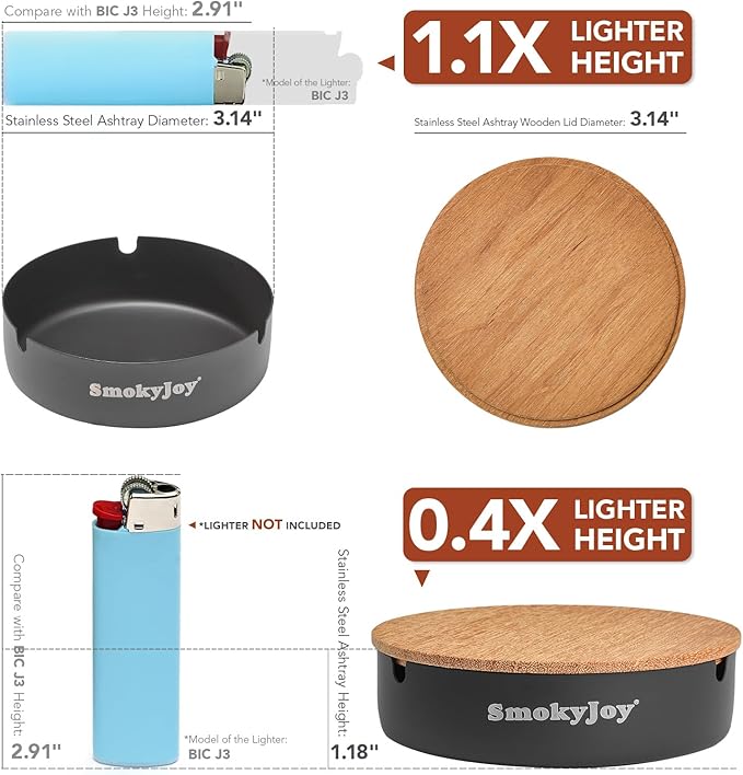 Ashtray with Lid for Outside Patio, 2 Pack Windproof Ash Tray, Black Stainless Steel Smokeless Ashtray for Outdoor Home Office Tabletop Patio Outdoor Balcony, Small