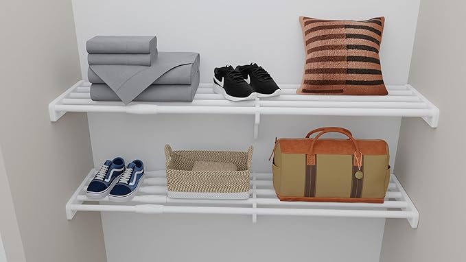 EZ Shelf - DIY Expandable Closet Shelf (NO Hanging Rod) - 40.5” to 73” - White - Easy to Install to 2 Sidewalls -(EZS-SW72)- Wire Closet Shelving Alternative