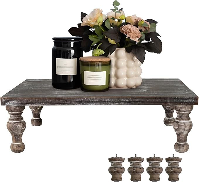 MAONAME Decorative Wooden Display Riser, Farmhouse Wood Pedestal Stand for Display, Rustic Vintage Brown Tray Riser for Kitchen, Home Table Decor, Short and Tall Footed