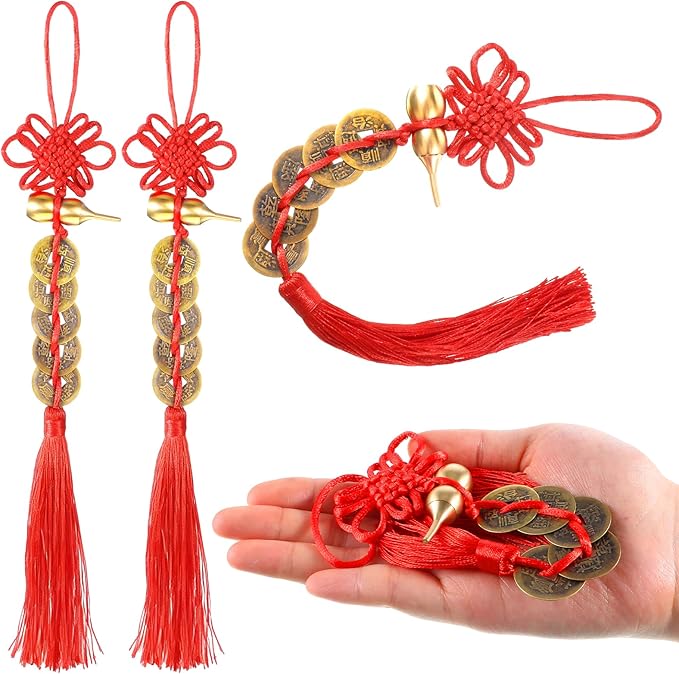 2PCS Chinese Knot Tassel, Feng Shui Good Luck Charms, Metal Gourd with 5 Coins Good Luck Gifts, Bring Wealth, Health and Peaceful for Cars, Furniture, Bags, Homes, and Offices