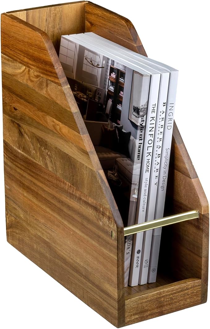 MyGift Premium Hotel Series Solid Acacia Wood Desktop Magazine File Holder Bin with Brass Tone Metal Accent, Vertical Office Desk Document Folder Binder Storage Organizer Rack