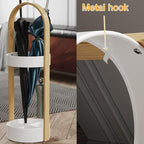 Metal Round Umbrella Stand Rack with Water Collection Tray, Solid Wood Umbrella Holder with Multiple Hooks, Canes Storage Stand Rack for Office, Home, Entryway(Black)