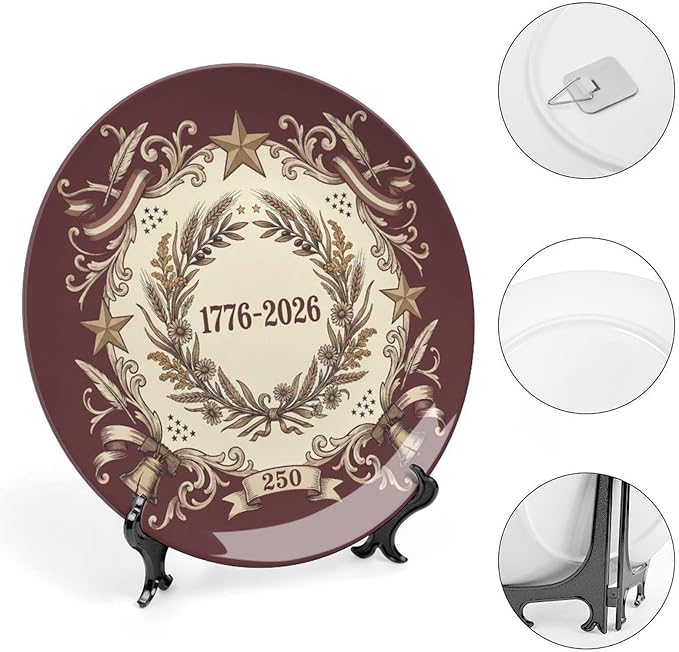 250th Anniversary Decorative Plates 8 Inch Vintage Patriotic Decorations Commemorative Plates with Stand Independence Day 4th of July Semiquincentennial Home & Office Decor