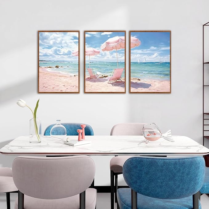 KAlRNE Summer Pink Beach Framed Canvas Wall Art Set of 3(16”X24”),Seascape Coastal Surfing Wall Decor,Modern Nature Ocean Art Prints For Living Room Bedroom Office