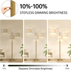Dimmable Floor Lamp, 3 Light Brass Arc Floor Lamp, Modern Tall Standing Tree Lamp with White Linen Shades & Heavy Base, 3000LM LED Bulbs, Bright Lighting for Living Room, Bedroom, Office & Reading