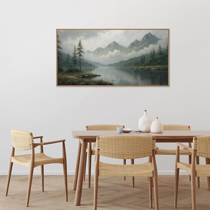 SIGNINART Large Green Forest Framed Canvas Wall Art, Misty Mountain Lake Wall Decor, Modern Foggy Wood Landscape Artwork, Nature Oil Painting Art Print for Living Room, Bedroom, Office 20"x40"