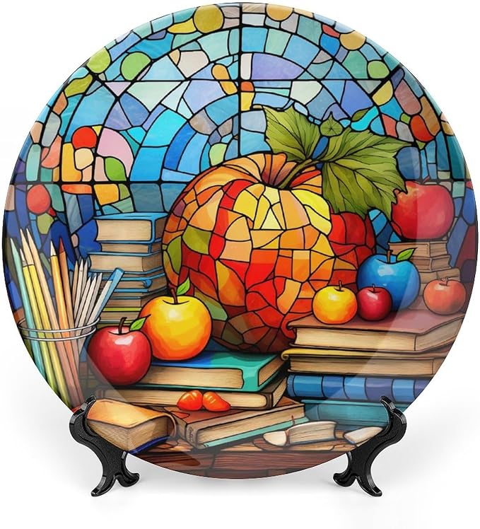 Decorative Plates for Wall Hanging, Back to School Stained Glass Painting Ceramic Plate w/ Display Stand, Home Decor for Kitchen Cabinets, Farmhouse Round Tray 10 Inch, Gift for Teacher Or Student