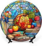 Decorative Plates for Wall Hanging, Back to School Stained Glass Painting Ceramic Plate w/ Display Stand, Home Decor for Kitchen Cabinets, Farmhouse Round Tray 6 Inch, Gift for Teacher Or Student