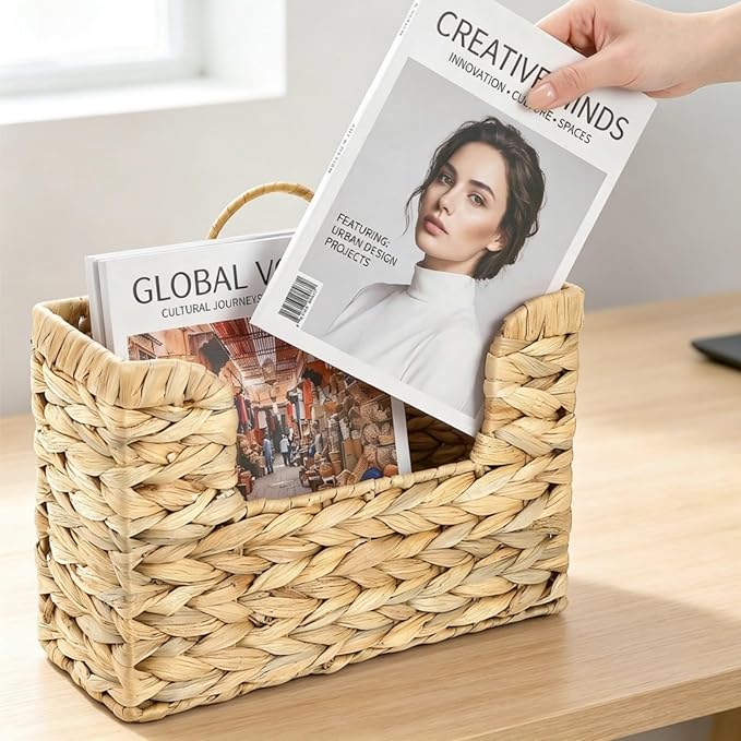 ZAVOOS Woven Hanging Magazine Holder, Water Hyacinth Storage Basket with Handle for Files, Books, Letters, Natural Wall Mounted Mail Organizer Rack for Office, Home, Farmhouse Decor