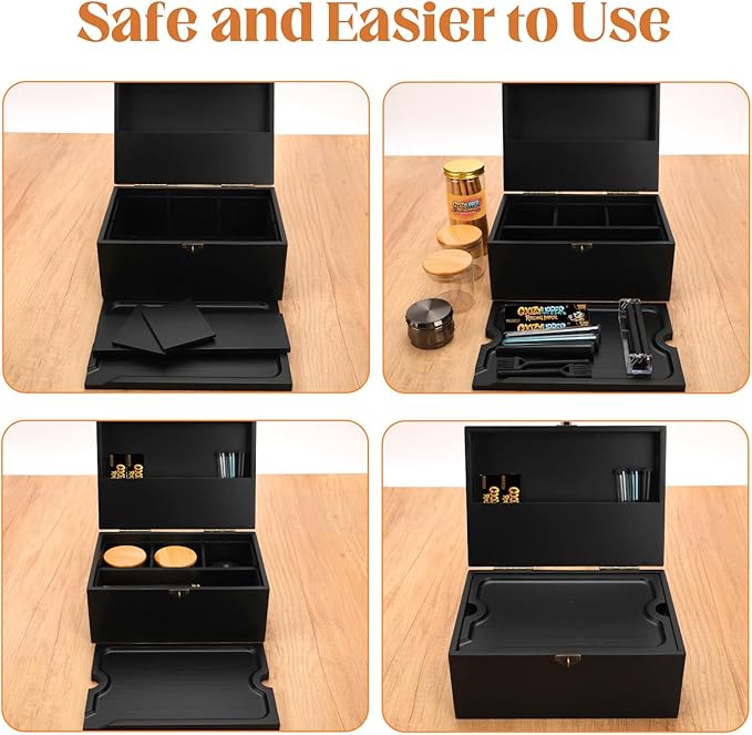 Large Bamboo Storage Box with Lock, Removable Wooden Tray, Airtight Rubber Seal Glass Jars, Decorative Lockable Wooden Organizer Box, Complete Accessories Gift Set