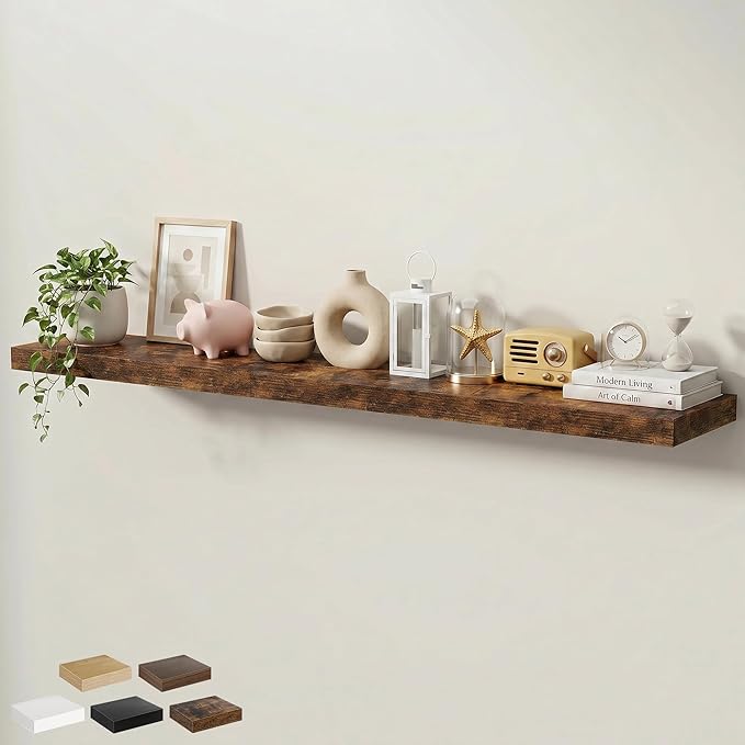Floating Shelves for Wall 72 in x 9.3 in Deep, Wall Mounted Rustic Wood Shelf with Invisible Brackets for Storage & Display, Living Room Bedroom Bathroom, Brown, 1 Pack