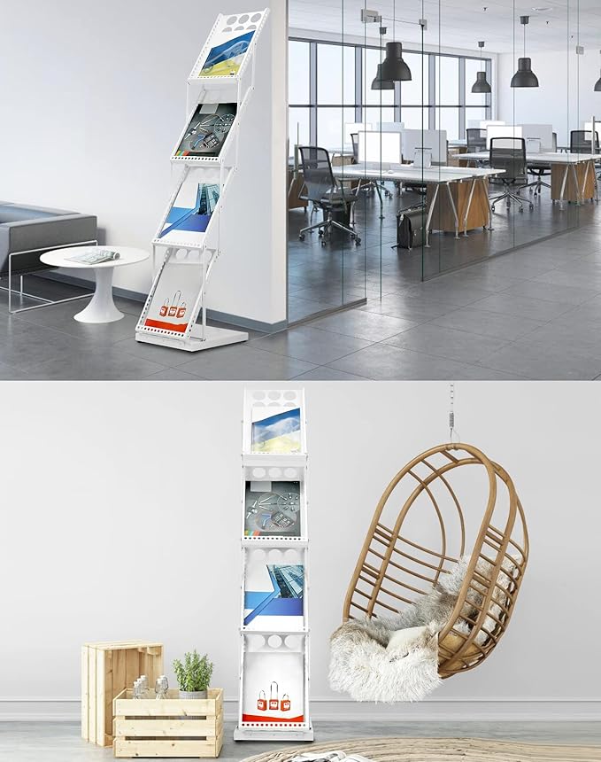 QWORK Foldable Brochure Display Stand, Magazine Brochure Display Rack Stand, 4 Pocket Literature CatalogTradeshow Display Stand, for Office Store and Exhibition Trade Show (White)