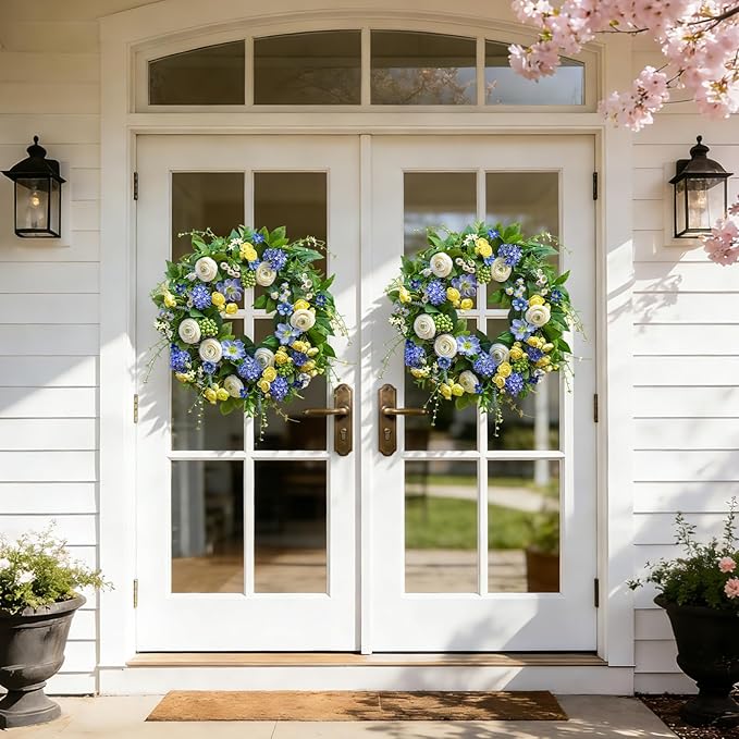 24 Inch Spring Wreath for Front Door, Artificial Hydrangea, Anemone & Wild Daisy Flowers with Berry Accents, Spring and Summer Door Wreath for Indoor Outdoor Decor