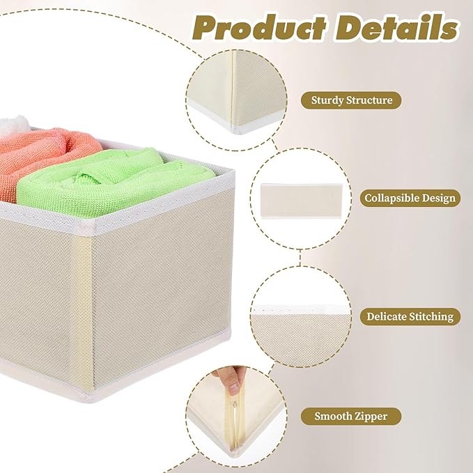 12 Pack Linen Drawer Organizer Set – Collapsible Fabric Storage Bins for Baby Clothes, Diapers, Socks, Bras & More (Beige, 3 Sizes)
