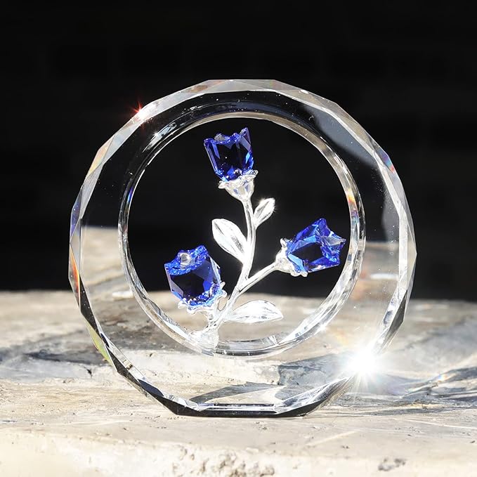 LONGWIN Crystal Tulips Flower Figurines with a Outer Circular Ring, Glass Spring Bouquet Collectible Figurines Home Decor Cobalt Blue