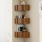 Corner Shelves Wall Cabinet Set of 3, Floating Corner Shelf Organizer with Sliding Doors, Fluted Wall Cabinet for Living Room, Bedroom, Office, Small Space, Walnut (recessed, 15.74")