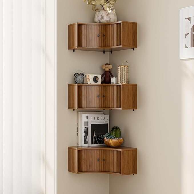 Corner Shelves Wall Cabinet Set of 3, Floating Corner Shelf Organizer with Sliding Doors, Fluted Wall Cabinet for Living Room, Bedroom, Office, Small Space, Walnut (recessed, 15.74")