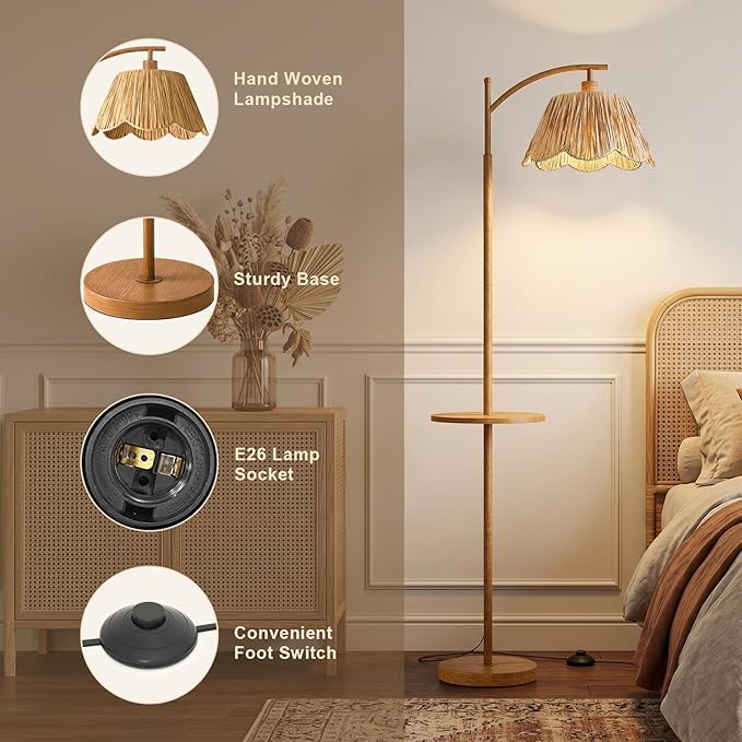 Oneach 63.5" Floor Lamp with Table for Living Room, Boho Rattan Standing Lamps with Foot Switch, Farmhouse Floor Lamp for Bedroom, Arc Tall Lamp with Metal Base&Pole, Bulb not Included, Woodgrain