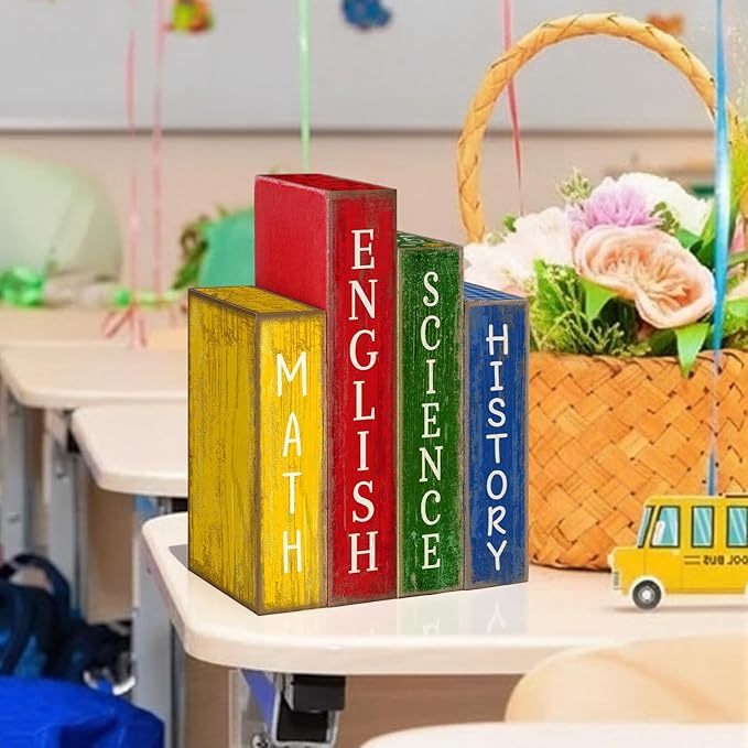 Lineshading 4 Pcs Back to School Table Decoration Wooden Subject Decoration Welcome Back to School Tiered Tray Decor Wood Book Sign Farmhouse for Class Party Home Shelf Coffee Table