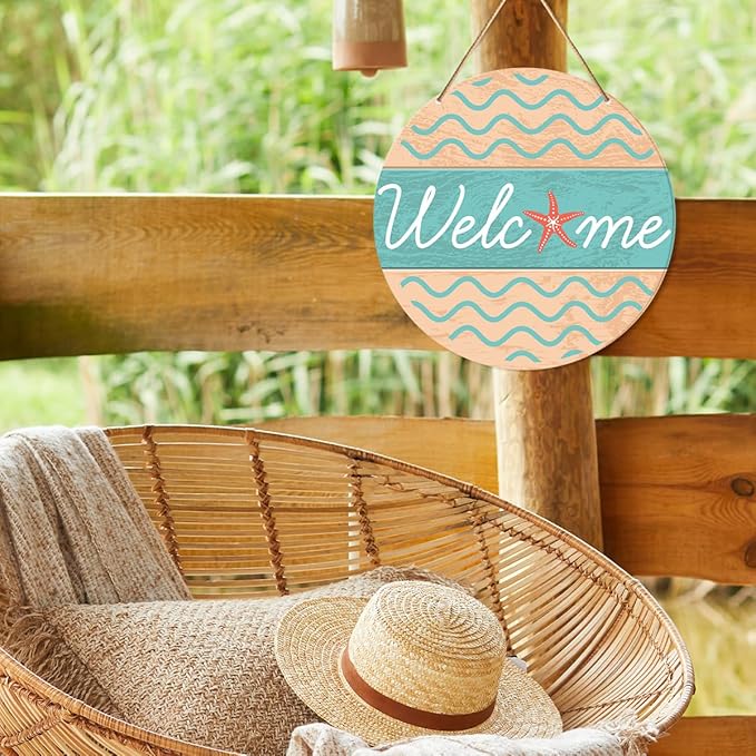 Muktoujaumai Beach House Welcome Sign Decor, 10.2" Round Wooden Sign, Rustic Ocean Theme, Perfect for Home, Office, Bathroom, Indoor/Outdoor Use