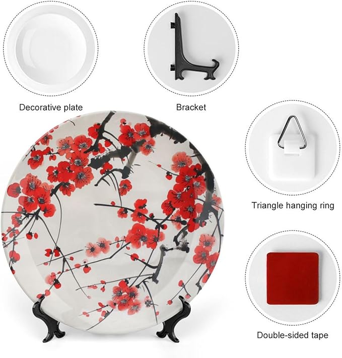 Japanese Spring Theme Decorative Ceramic Plate Round Porcelain Plate,Plum Tree Blossoms Pattern,for Decorative Ornaments Giving Plates, 1 Plate with 1 Display Stand,Red Beige,7 inch