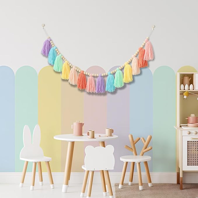 DCJHFJ Pastel Rainbow Boho Tassel Garland Wall Hanging with Wood Beads for Baby Shower Birthday Party Classroom Dorm Nursery Decor