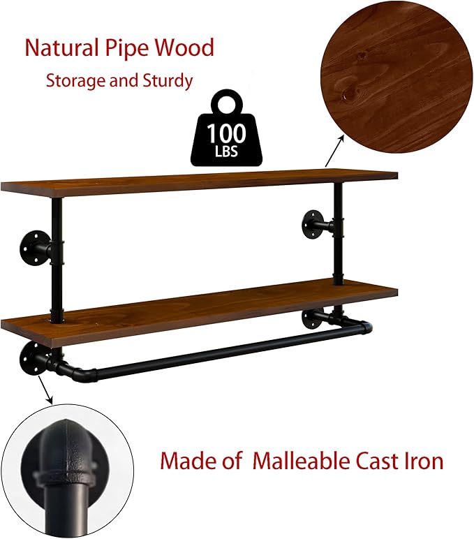 Clothes Rack 42in, Wall Mounted Garment Rack with Real Walnut Wood Shelf, Heavy Duty Hanging Clothes Rack, Multi-Purpose Hanging Rod, Space-Saving Closet Storage