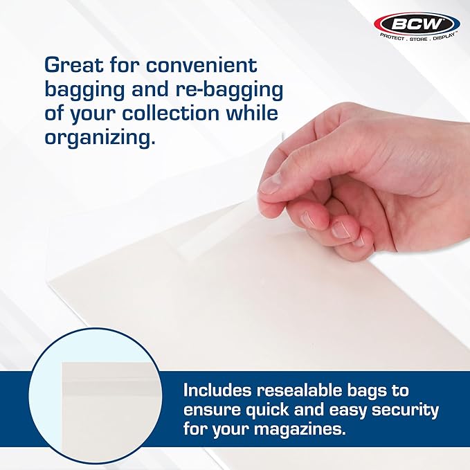 BCW Magazine Bags and Boards – (100 Pack) | Premade Resealable Magazine Protectors | Standard Size 8 ¾" x 11 ⅛" | Magazine Sleeves and Boards Pre-Loaded for Storage and Display