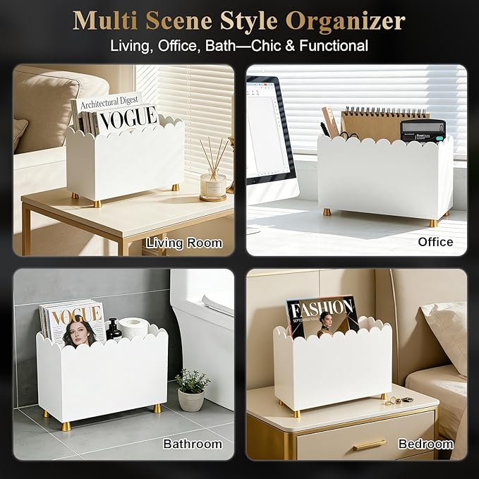 Acrylic Magazine Holder, Magazine Rack Floor,Sleek White Stylish Organizer with Luxe Gold Metal Feet and Wave Edge Design Space Saving Storage for Books Newspapers Office Supplies,Home Office(White)