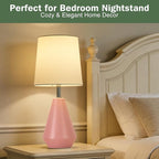 Small Bedside Table Lamp for Bedroom-Reading Desk Lamp Set of 2,with 3 Color Temperatures,15.5" Nightstand Ceramic Lamp with Fabric Shade for Kids Room,Living Room,Dorm,Home Office(Pink)