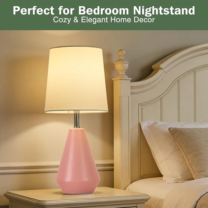 Small Bedside Table Lamp for Bedroom - Reading Desk Lamp with 3 Color Temperatures，15.5" Nightstand Ceramic Lamp with Fabric Shade for Kids Room,Living Room,Dorm,Home Office (Pink)