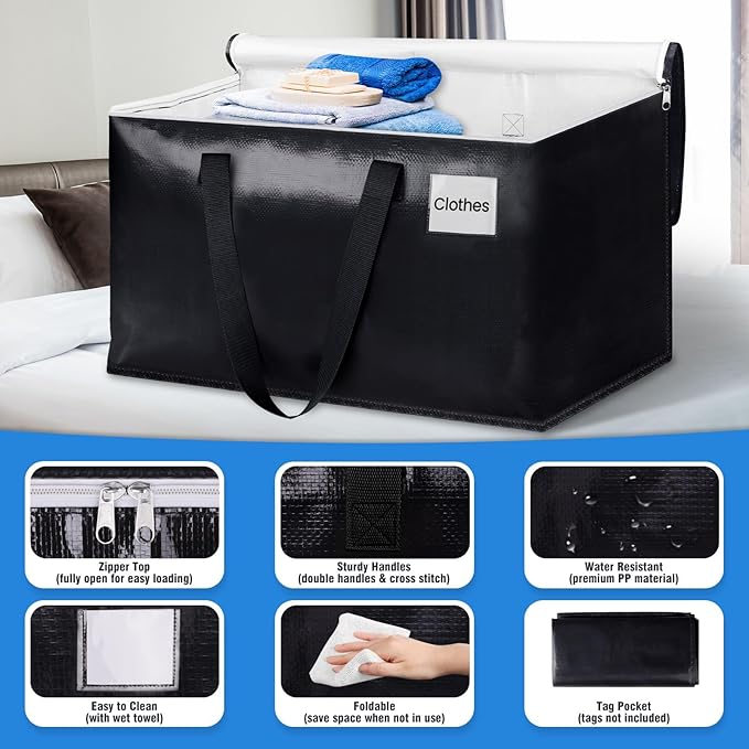 BlissTotes Moving Bags, Heavy Duty Moving Boxes with Zippers Top and Sturdy Handles, Storage Bags for Space Saving and Packing, Collapsible Moving Supplies, Storage Totes (93L, 4-Pack, Black)